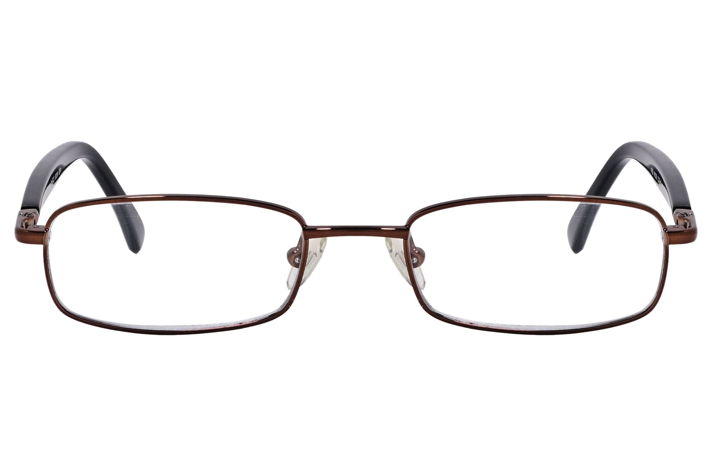 cellini rectangle bronze and black eyeglasses frame viewed from front angle.