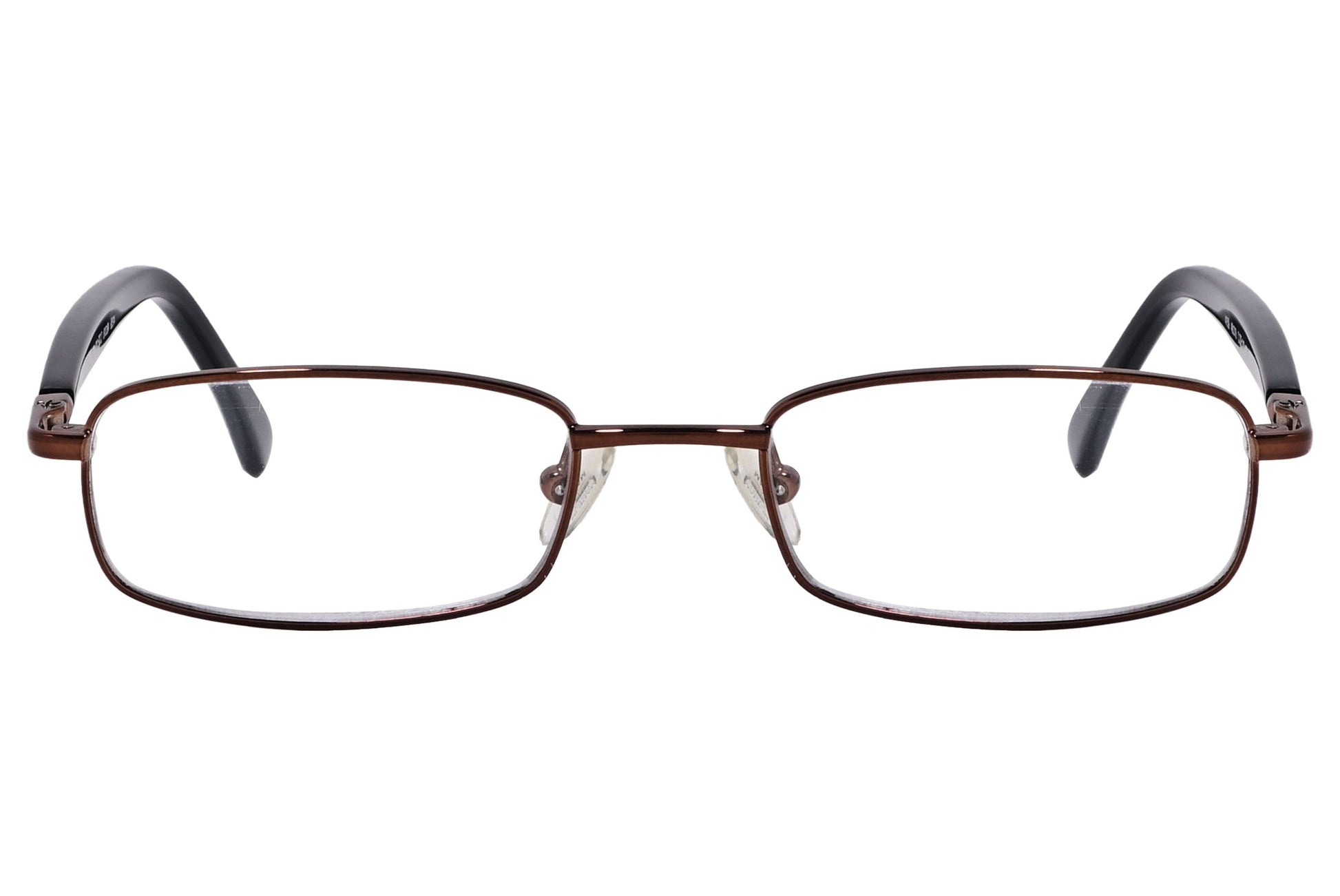 cellini rectangle bronze and black eyeglasses frame viewed from front angle.