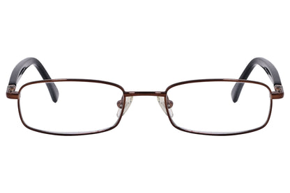 cellini rectangle bronze and black eyeglasses frame viewed from front angle.