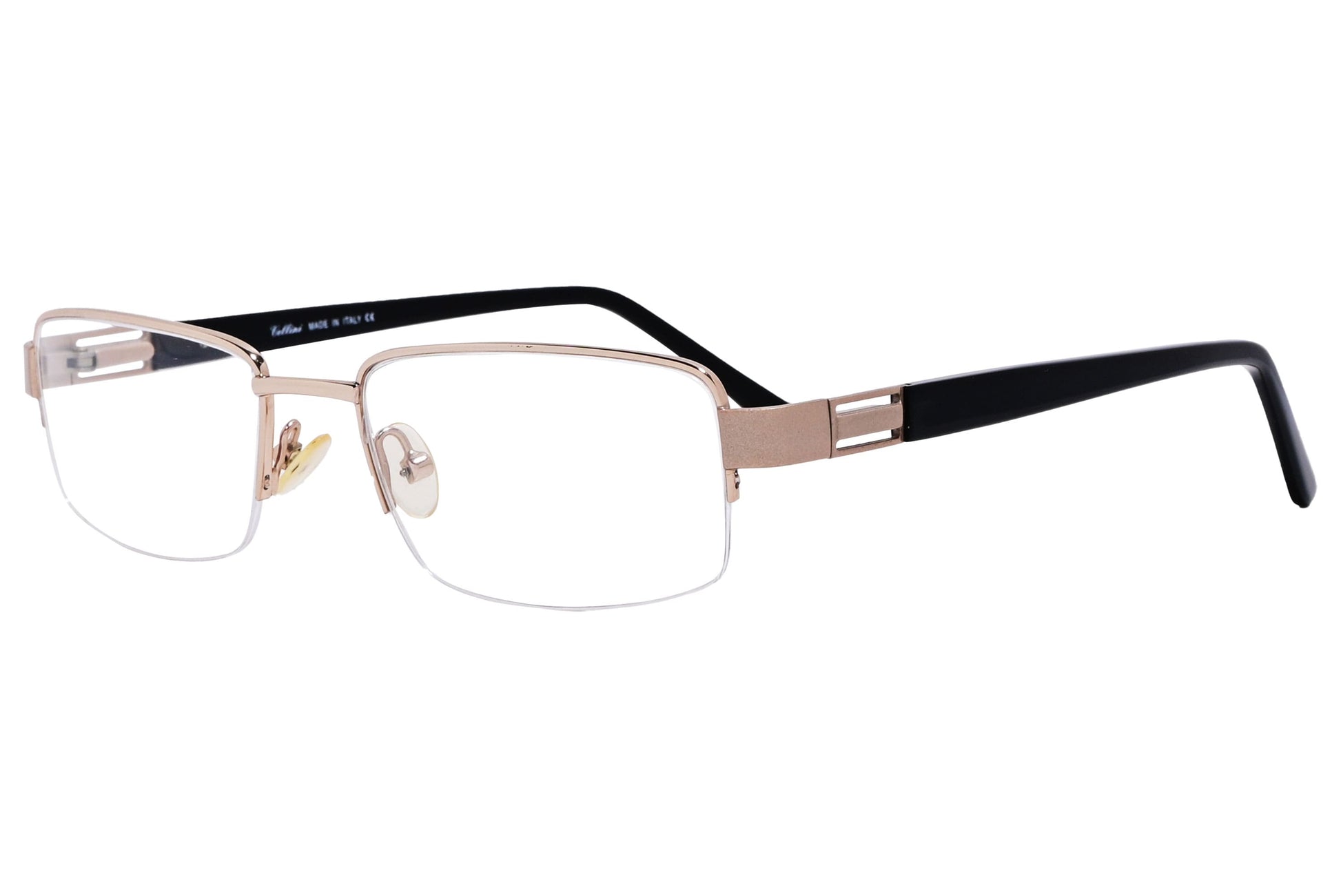 cellini rectangle black eyeglasses frame viewed from a 45-degree angle.