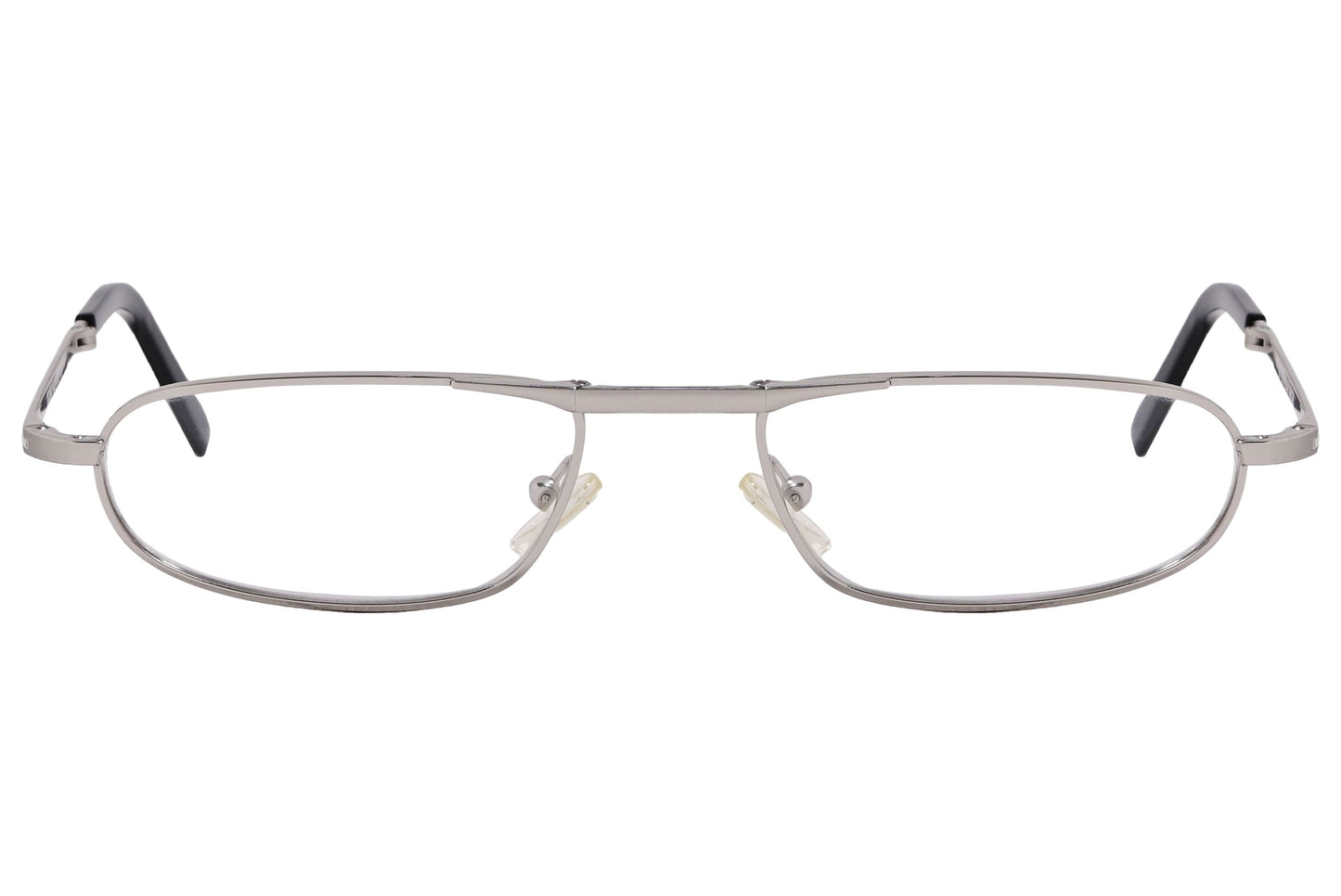 cellini oval silver eyeglasses frame viewed from front angle.