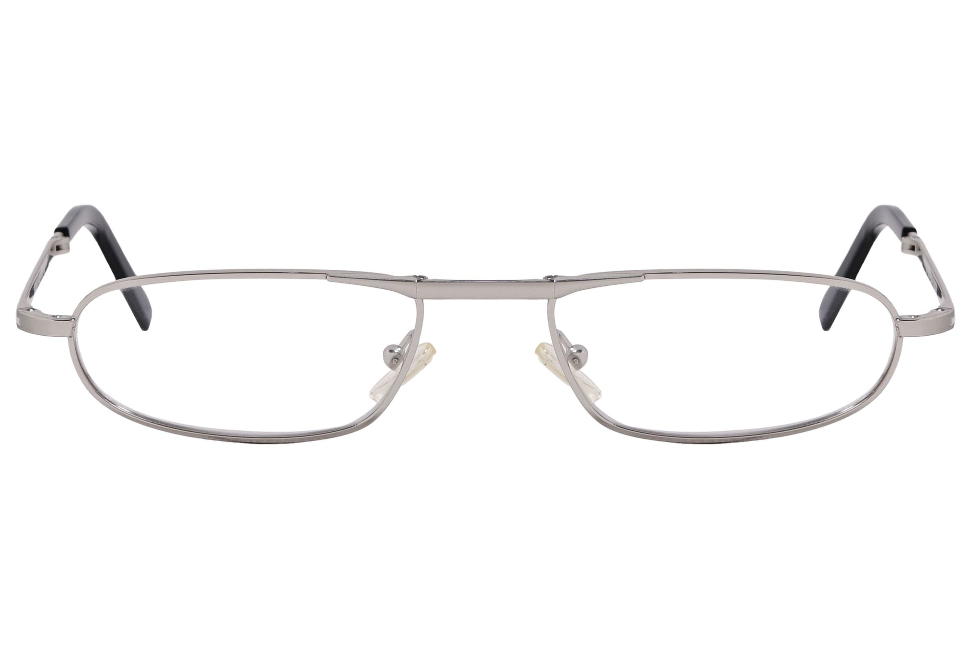 cellini oval silver eyeglasses frame viewed from front angle.