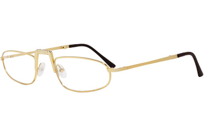 cellini oval gold eyeglasses frame viewed from a 45-degree angle.