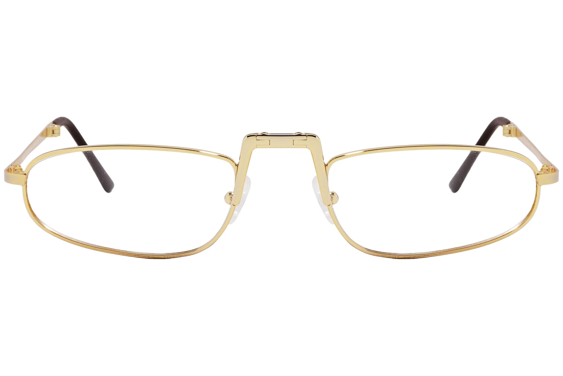 cellini oval gold eyeglasses frame viewed from front angle.