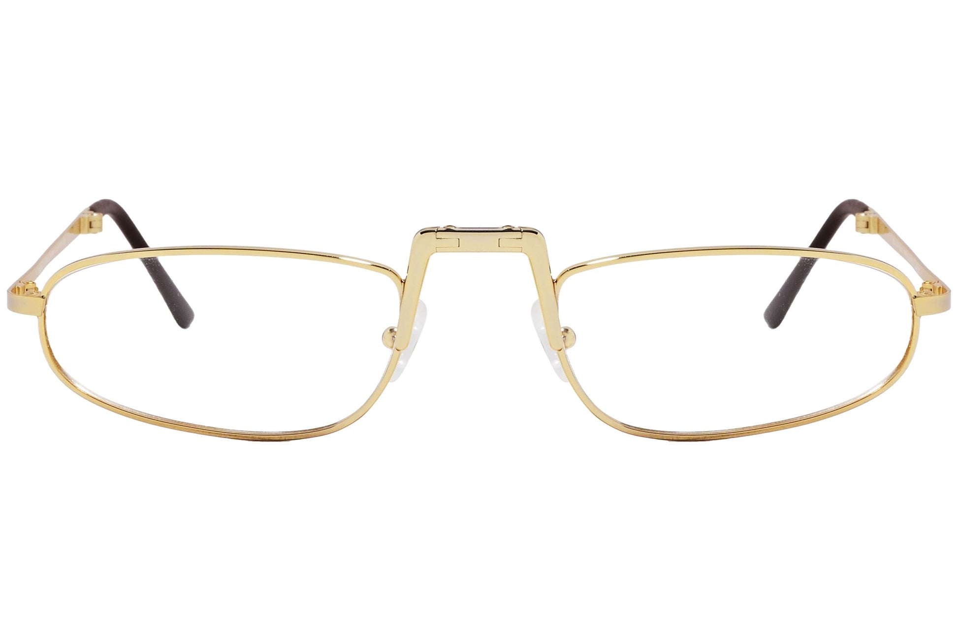 cellini oval gold eyeglasses frame viewed from front angle.