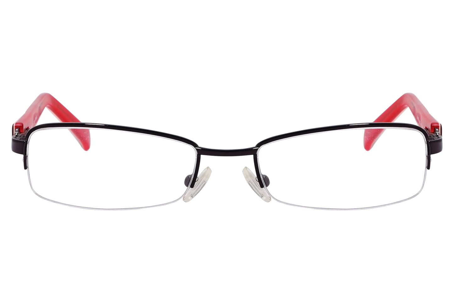 cellini rectangle red eyeglasses frame viewed from front angle.