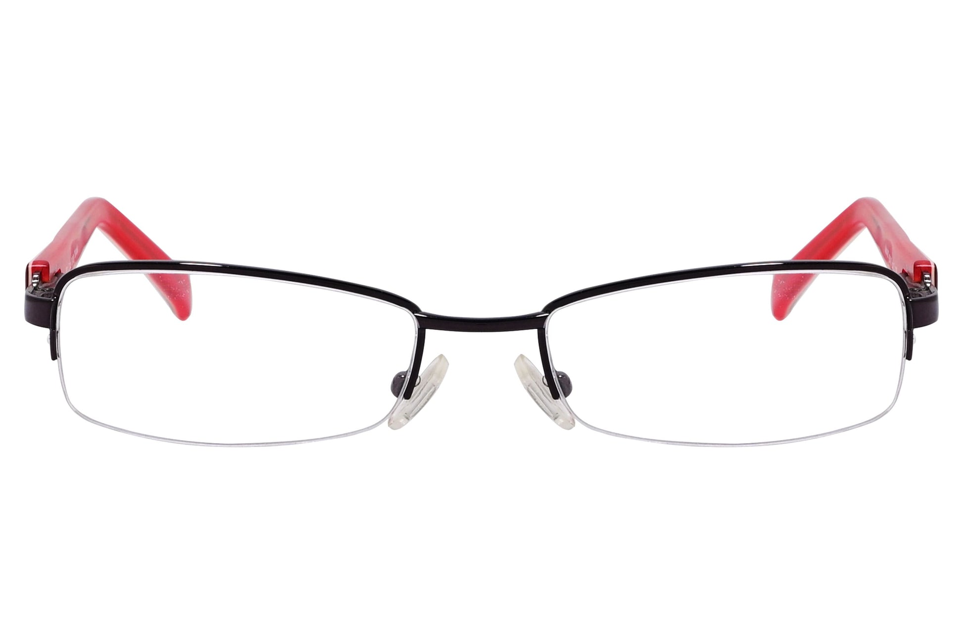 cellini rectangle red eyeglasses frame viewed from front angle.