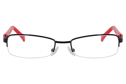 cellini rectangle red eyeglasses frame viewed from front angle.