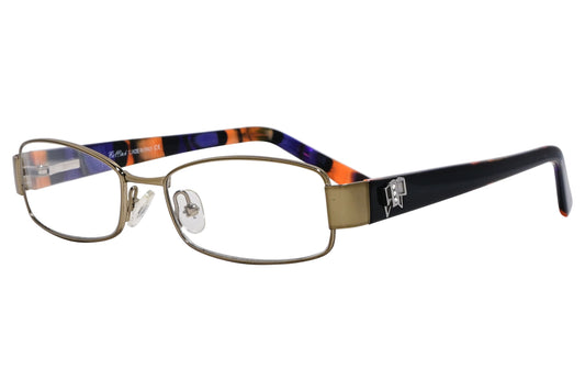 cellini rectangle gold and black eyeglasses frame viewed from a 45-degree angle.