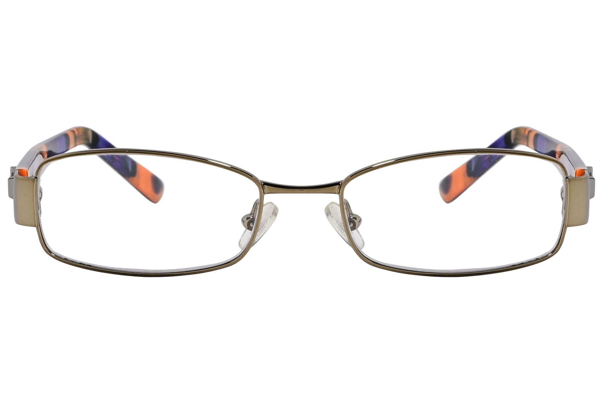 cellini rectangle gold and black eyeglasses frame viewed from front angle.