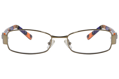 cellini rectangle gold and black eyeglasses frame viewed from front angle.