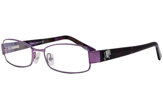 cellini rectangle purple eyeglasses frame viewed from a 45-degree angle.