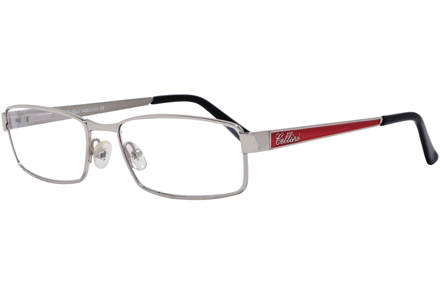 cellini rectangle silver and red eyeglasses frame viewed from a 45-degree angle.