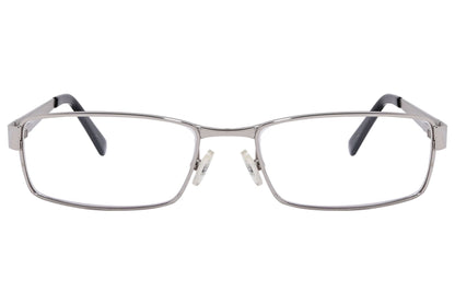 cellini rectangle silver and red eyeglasses frame viewed from front angle.