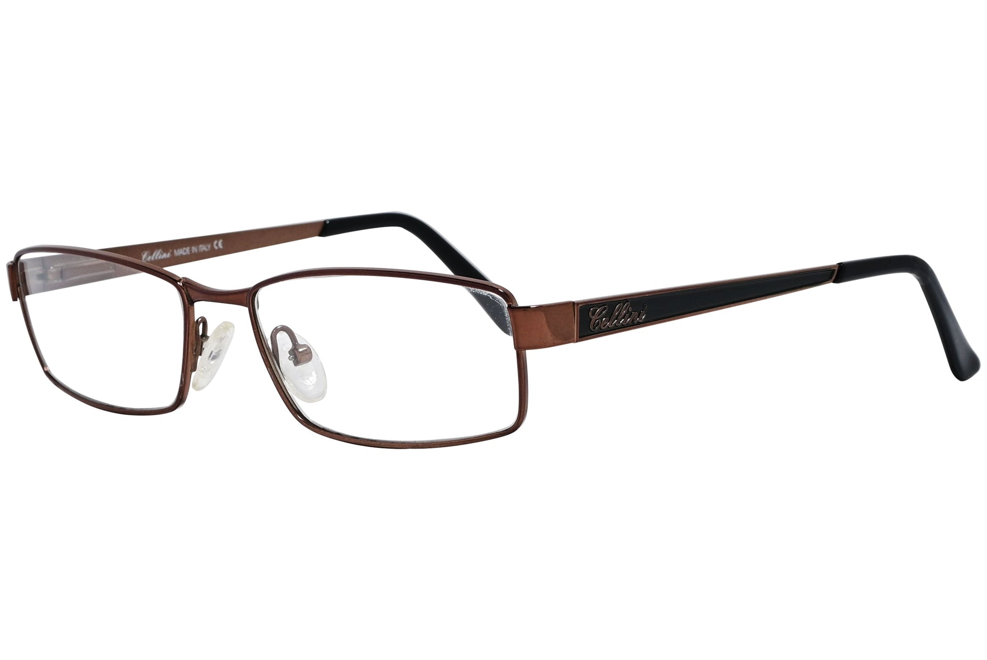 cellini rectangle bronze eyeglasses frame viewed from a 45-degree angle.