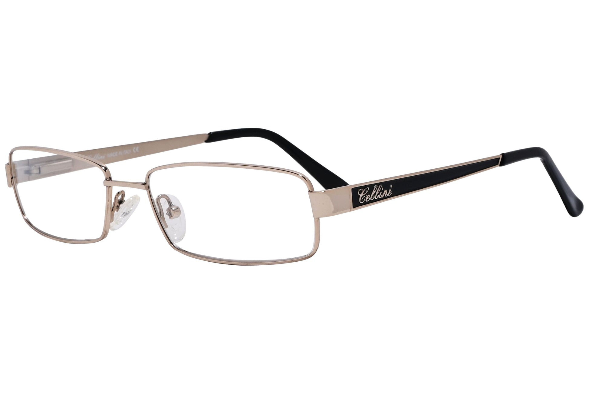 cellini rectangle black eyeglasses frame viewed from a 45-degree angle.