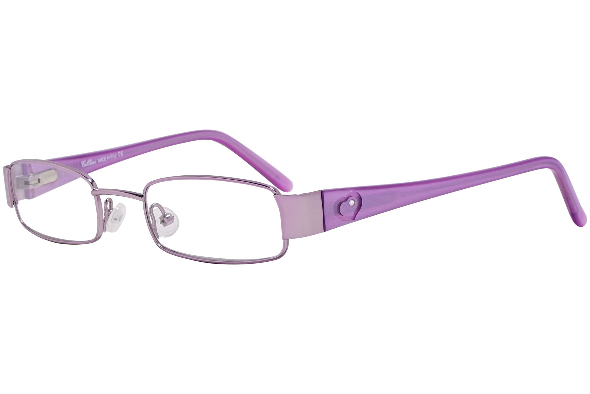 cellini rectangle purple eyeglasses frame viewed from a 45-degree angle.