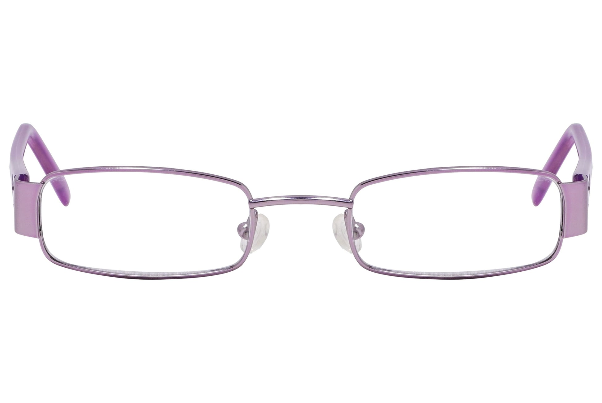 cellini rectangle purple eyeglasses frame viewed from front angle.