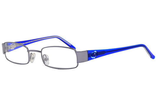 cellini rectangle silver and blue eyeglasses frame viewed from a 45-degree angle.