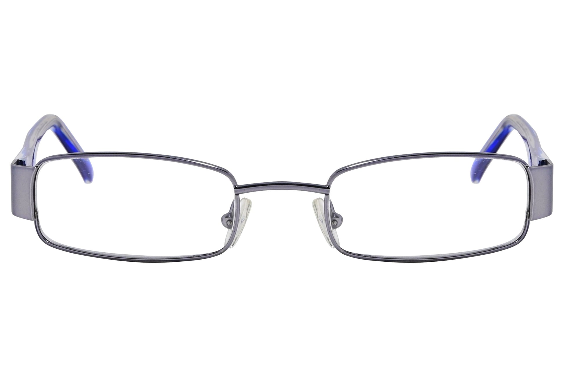 cellini rectangle silver and blue eyeglasses frame viewed from front angle.