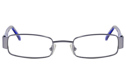 cellini rectangle silver and blue eyeglasses frame viewed from front angle.