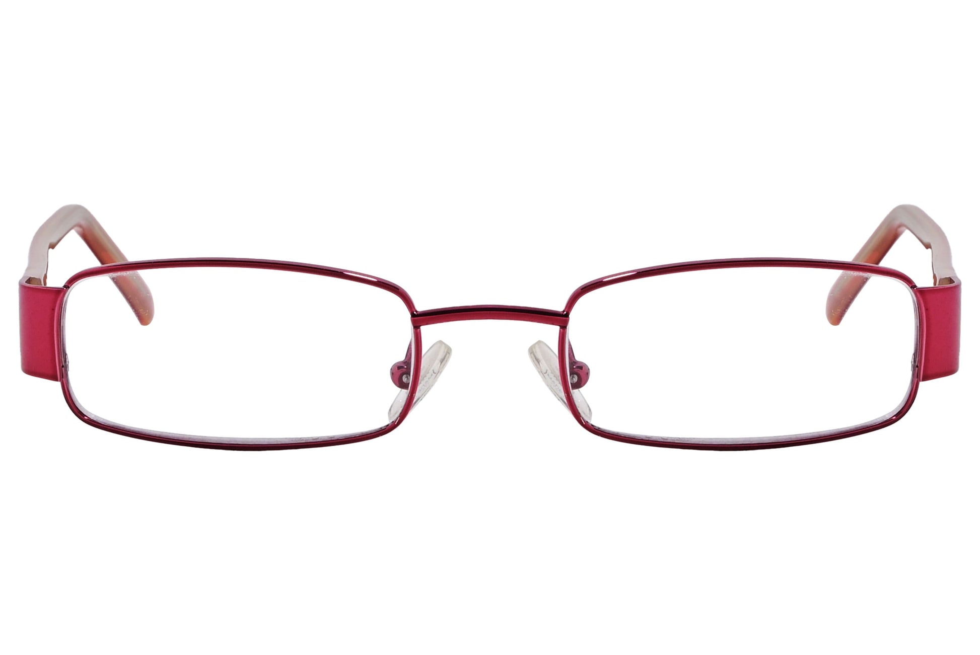 cellini rectangle red eyeglasses frame viewed from front angle.