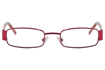 cellini rectangle red eyeglasses frame viewed from front angle.