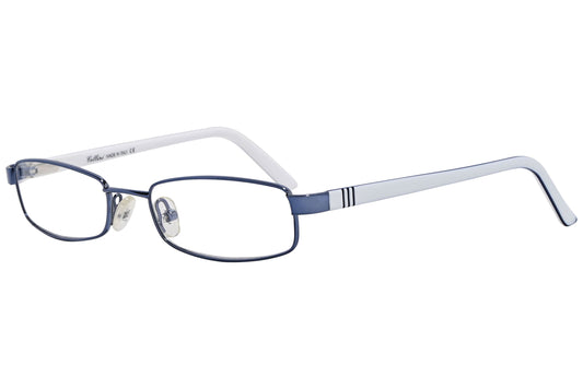 cellini rectangle blue and white eyeglasses frame viewed from a 45-degree angle.