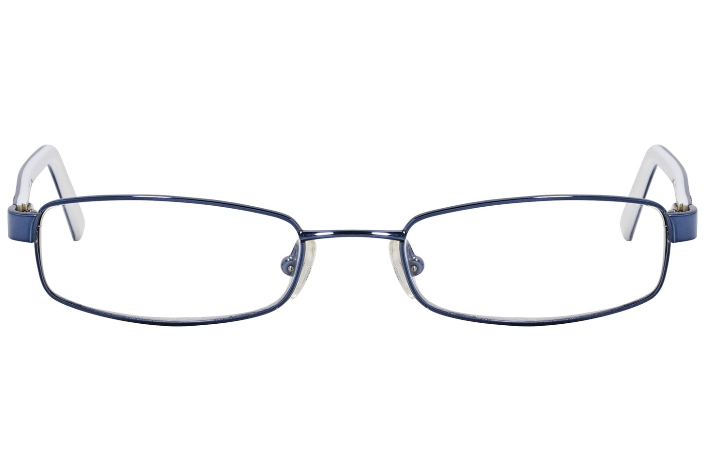 cellini rectangle blue and white eyeglasses frame viewed from front angle.