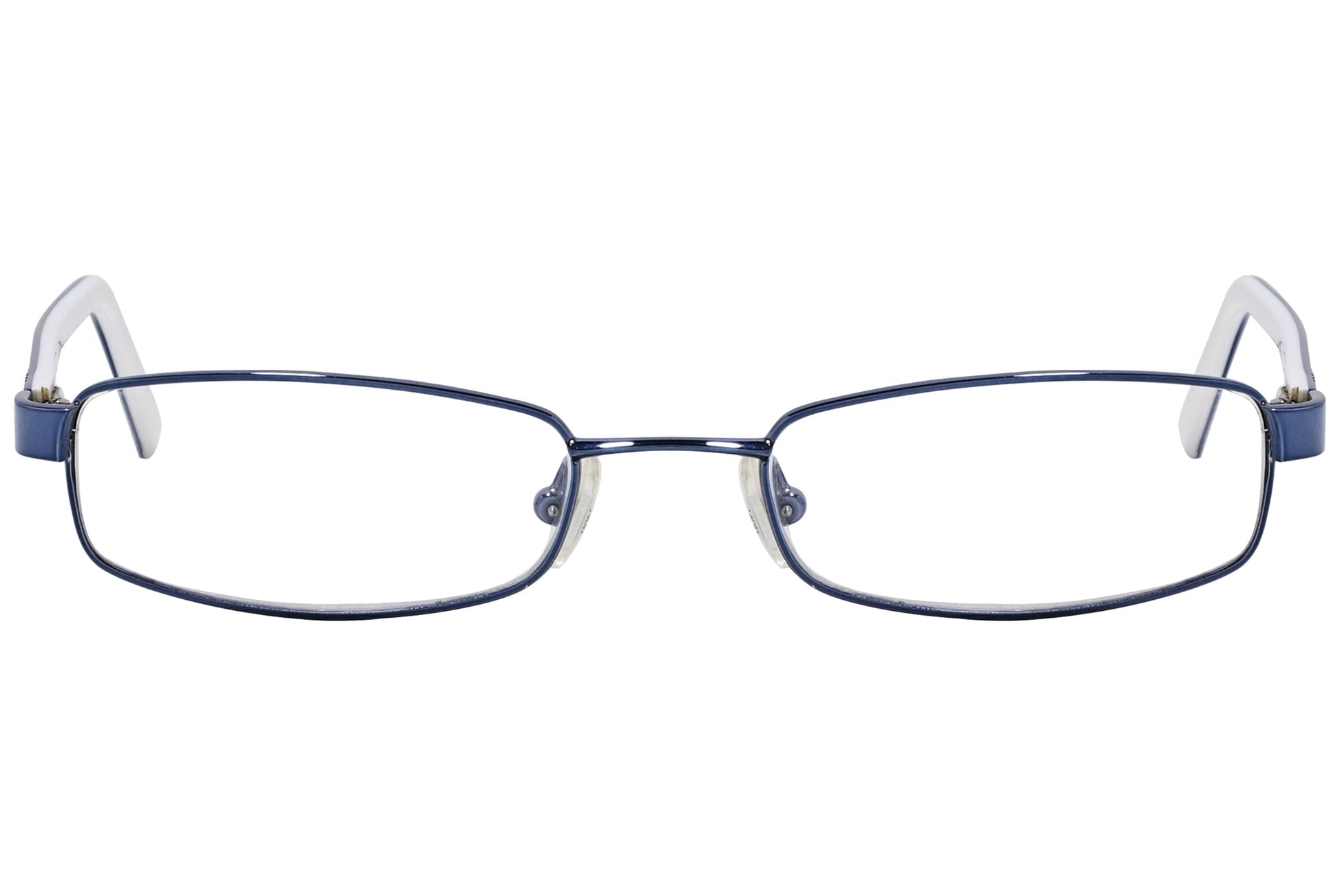 cellini rectangle blue and white eyeglasses frame viewed from front angle.