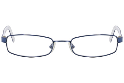 cellini rectangle blue and white eyeglasses frame viewed from front angle.