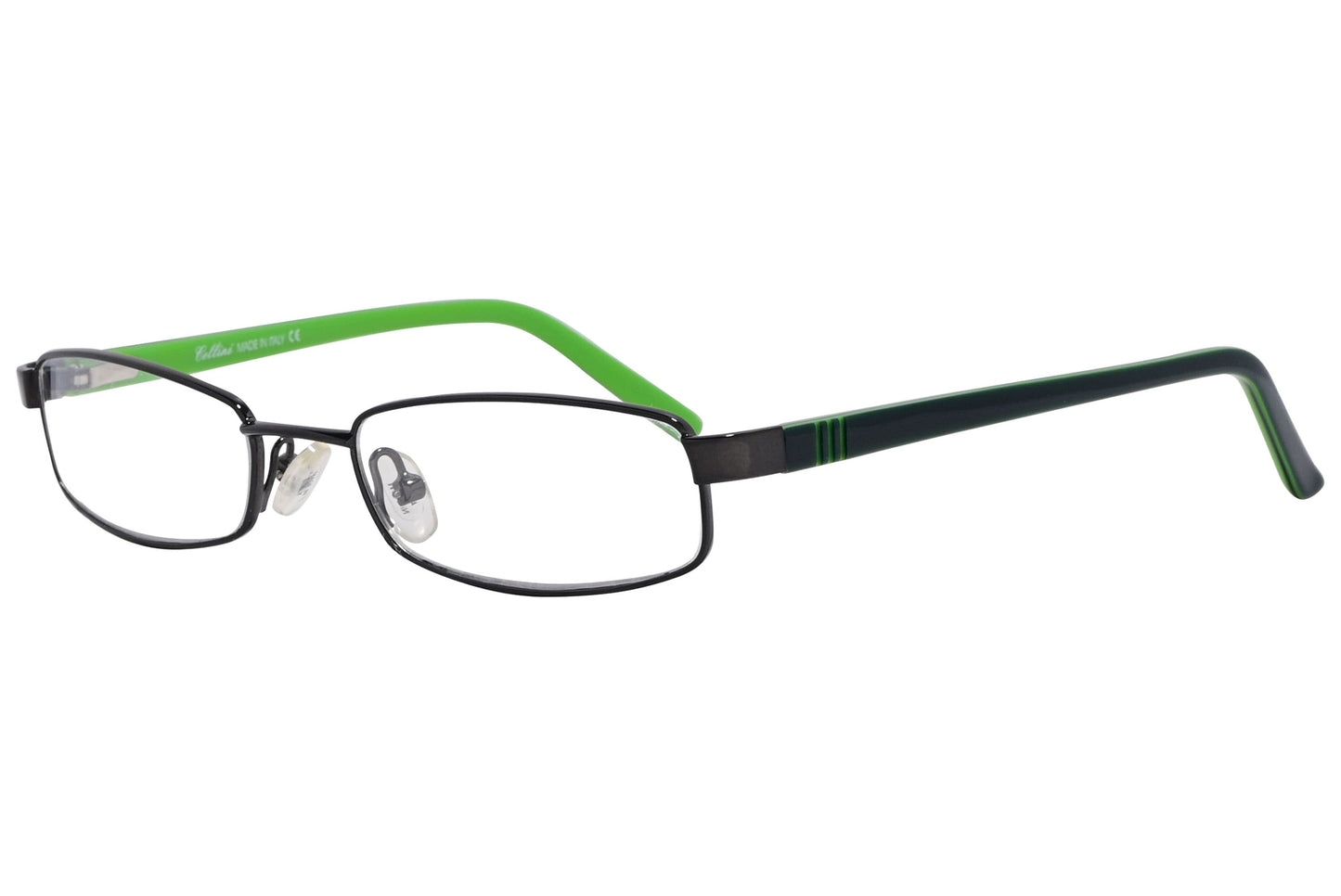 cellini rectangle black and green eyeglasses frame viewed from a 45-degree angle.