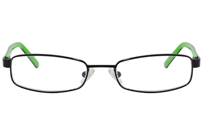 cellini rectangle black and green eyeglasses frame viewed from front angle.