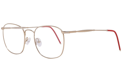 cellini square gold and red eyeglasses frame viewed from a 45-degree angle.