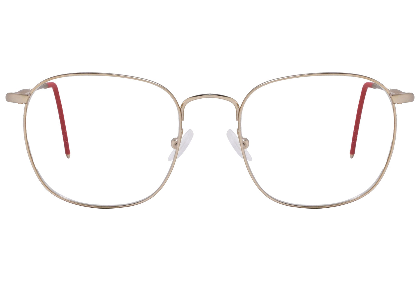 cellini square gold and red eyeglasses frame viewed from front angle.