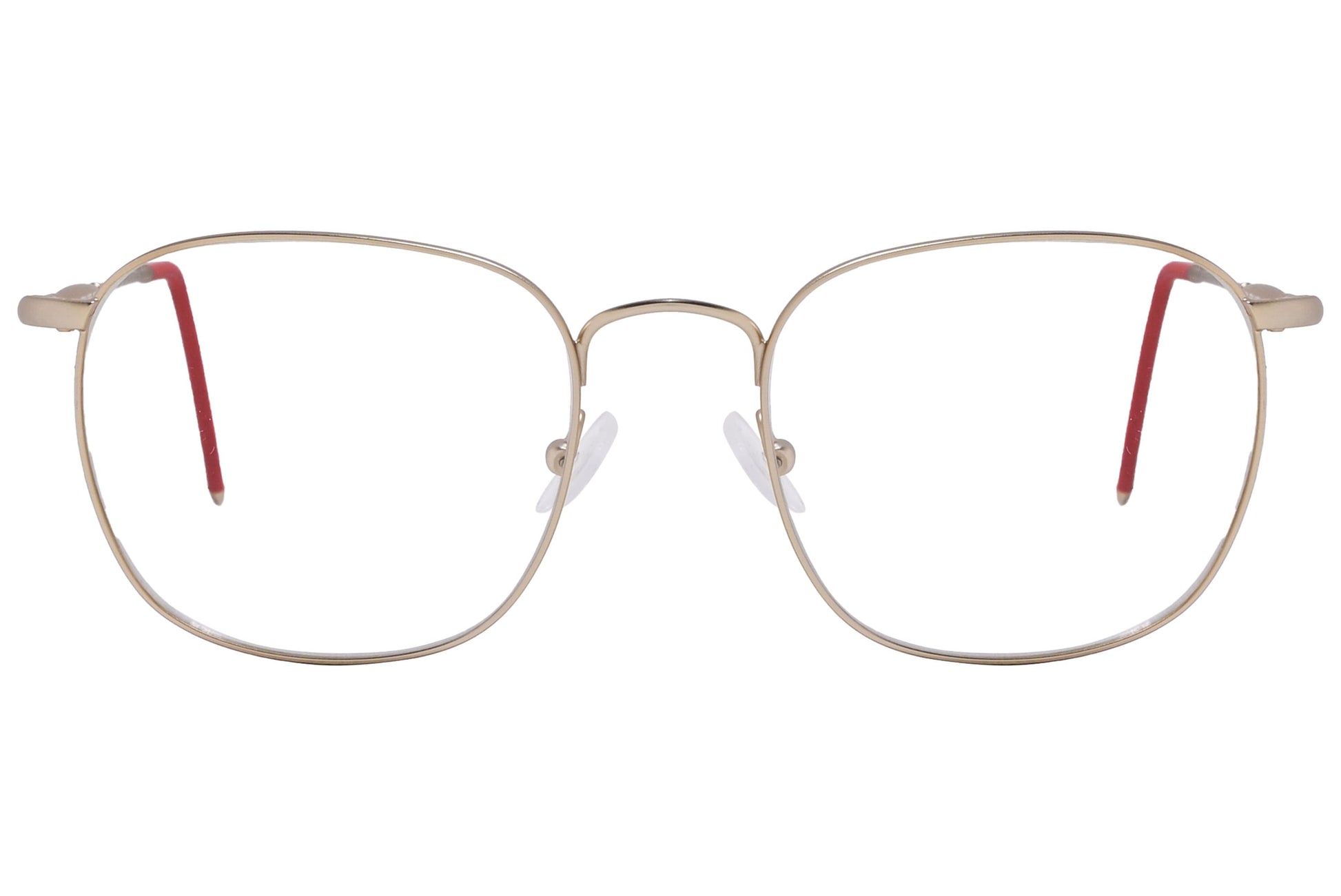 cellini square gold and red eyeglasses frame viewed from front angle.