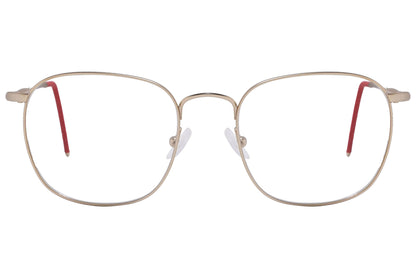 cellini square gold and red eyeglasses frame viewed from front angle.