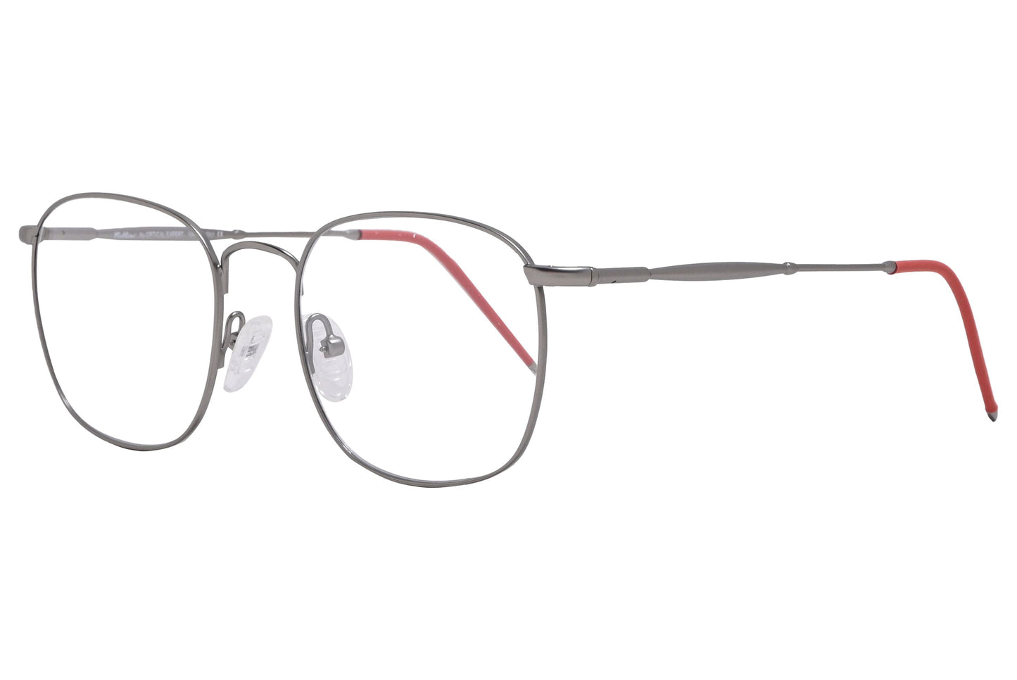 cellini square silver and red eyeglasses frame viewed from a 45-degree angle.