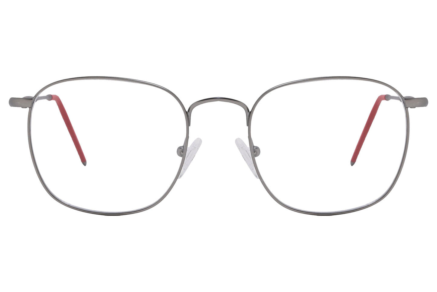 cellini square silver and red eyeglasses frame viewed from front angle.