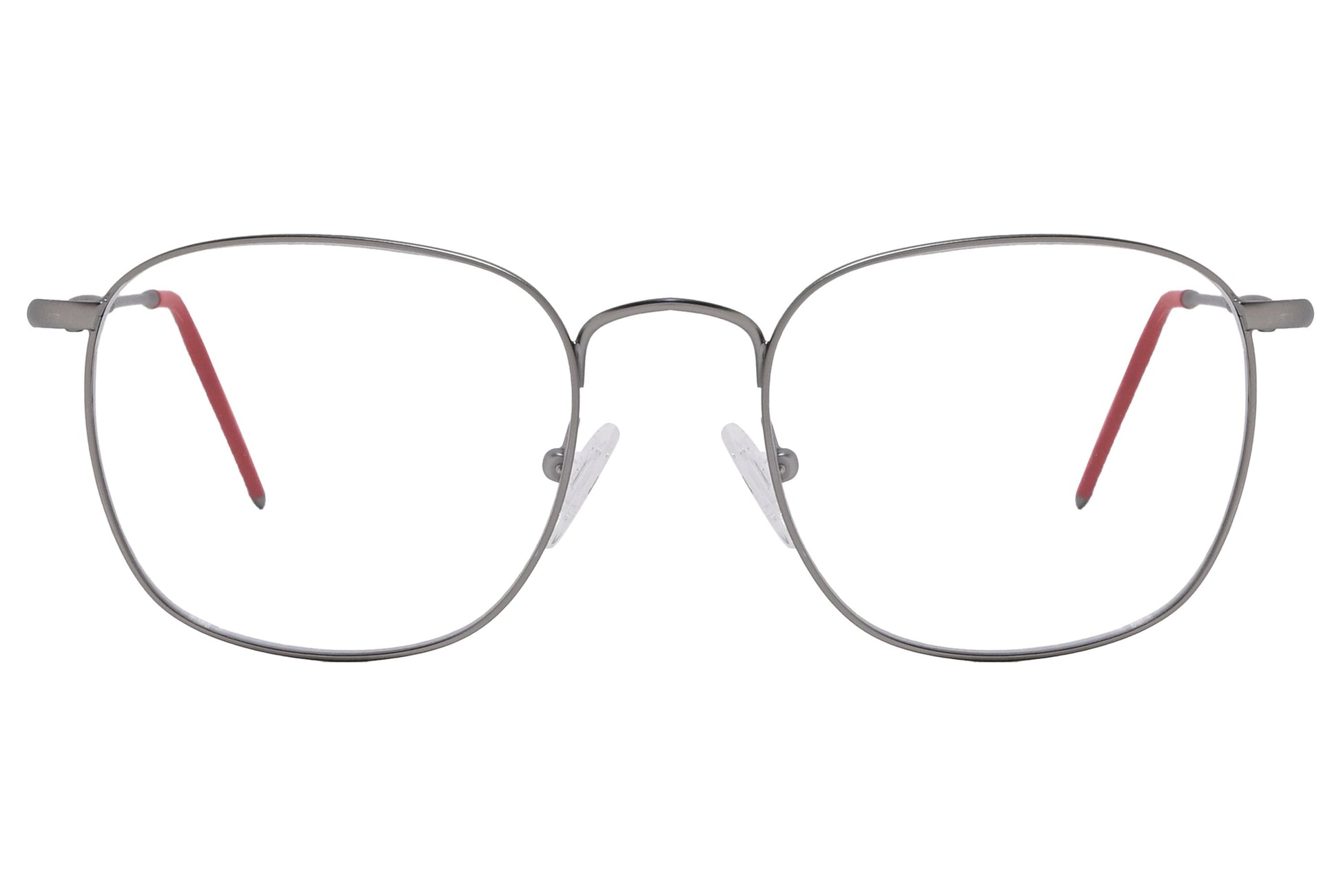 cellini square silver and red eyeglasses frame viewed from front angle.