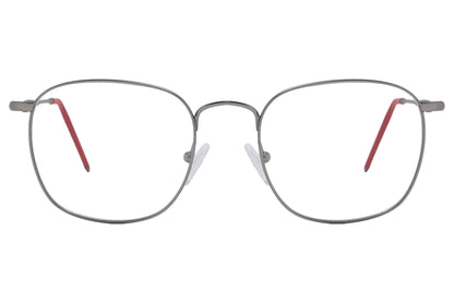 cellini square silver and red eyeglasses frame viewed from front angle.