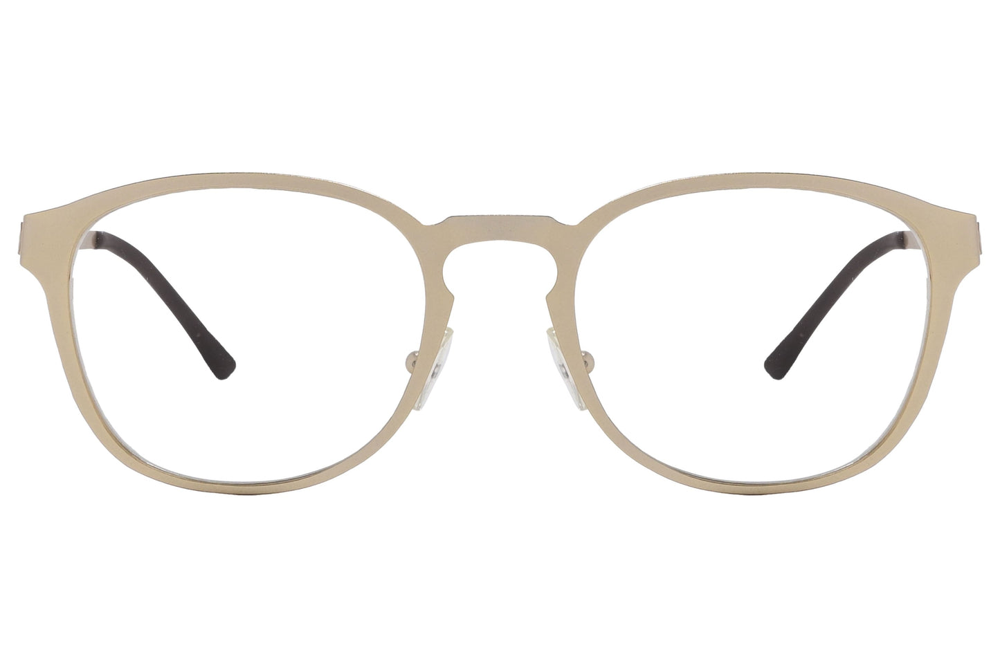 cellini round gold eyeglasses frame viewed from front angle.