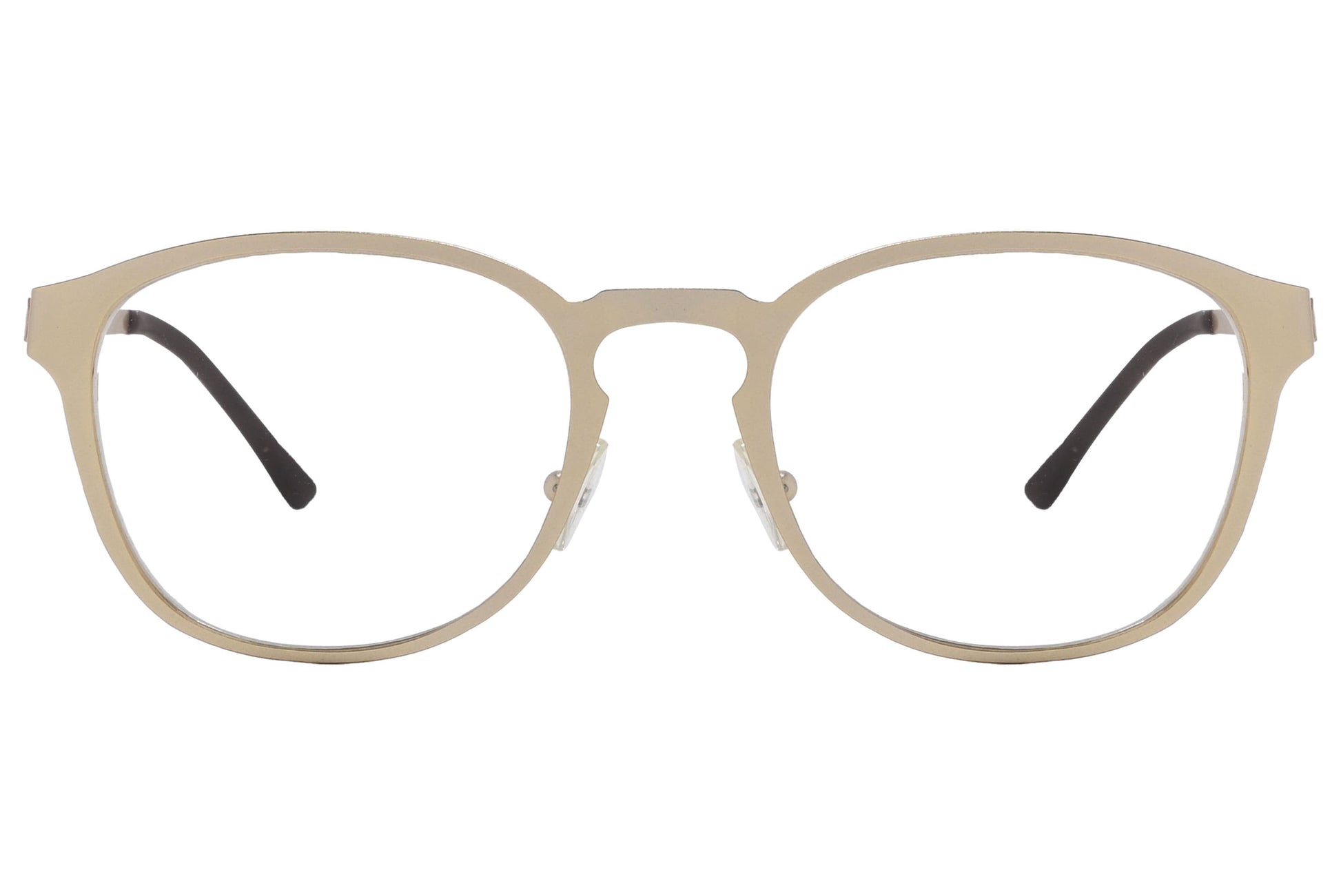 cellini round gold eyeglasses frame viewed from front angle.