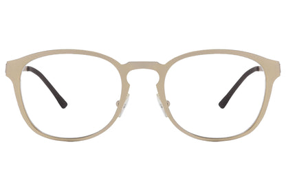 cellini round gold eyeglasses frame viewed from front angle.