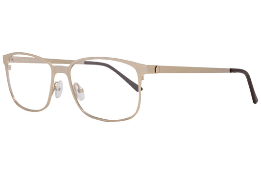 cellini rectangle gold eyeglasses frame viewed from a 45-degree angle.