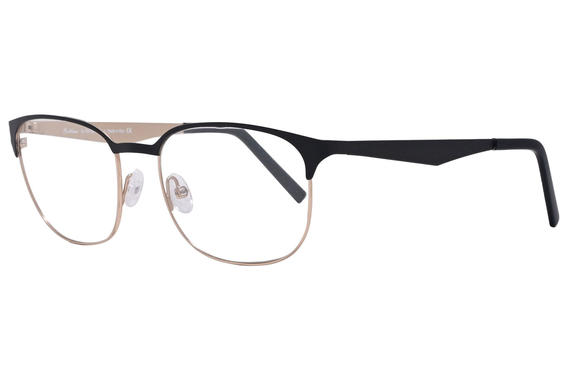 cellini browline black and gold eyeglasses frame viewed from a 45-degree angle.