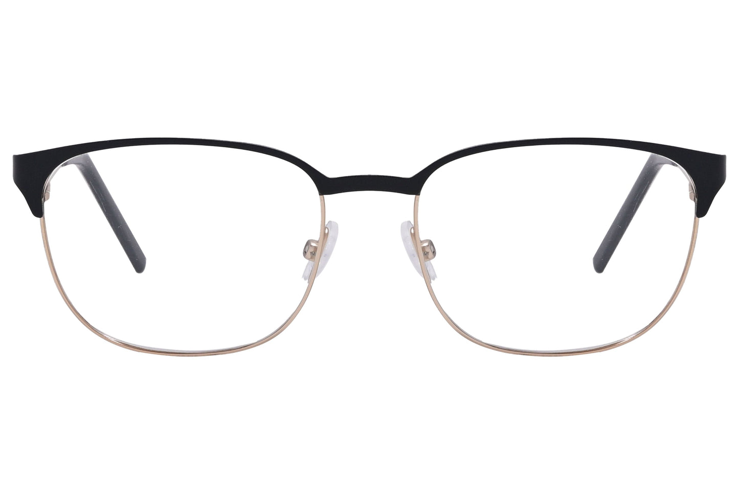 cellini browline black and gold eyeglasses frame viewed from front angle.