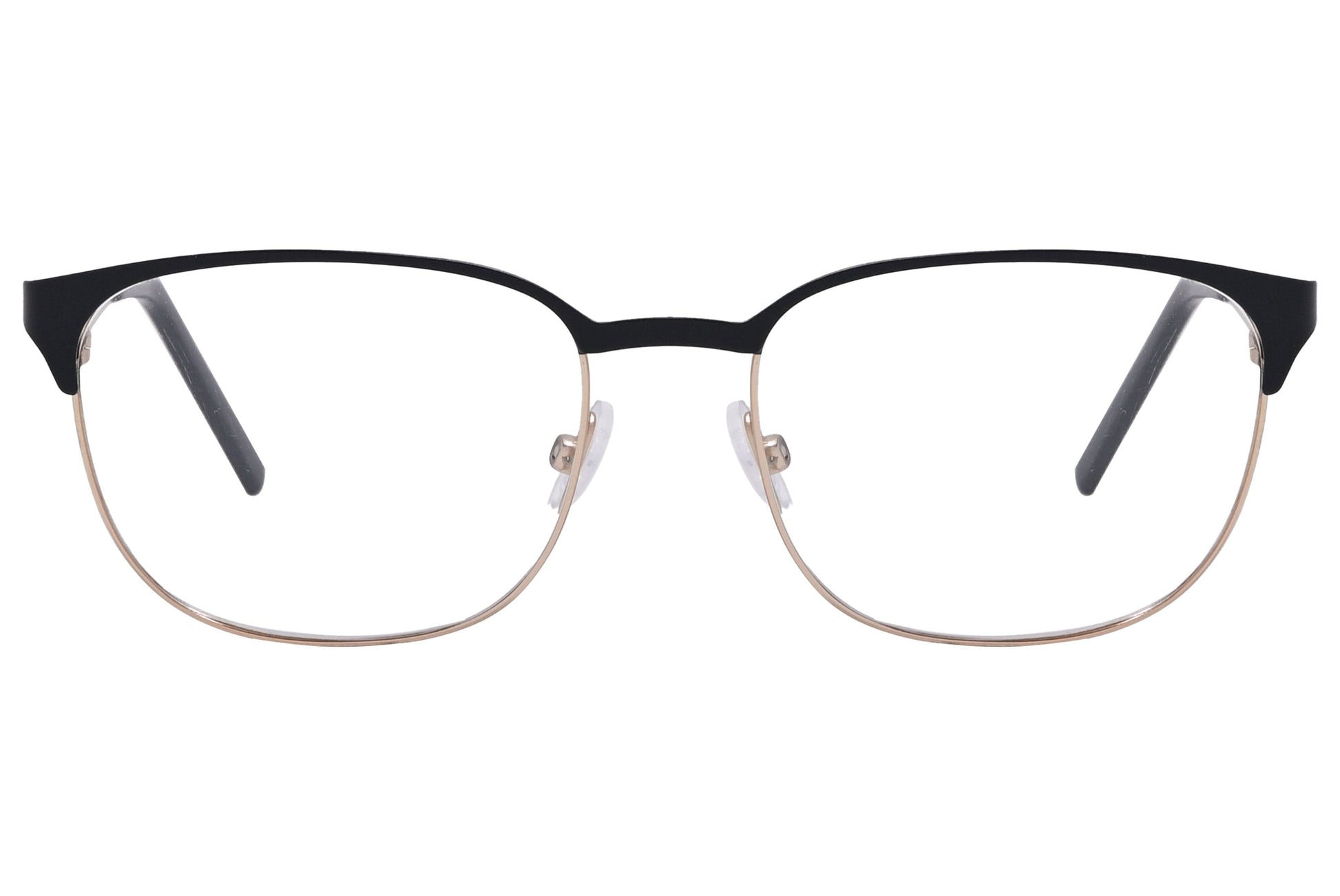 cellini browline black and gold eyeglasses frame viewed from front angle.