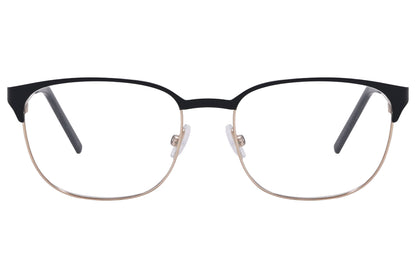 cellini browline black and gold eyeglasses frame viewed from front angle.