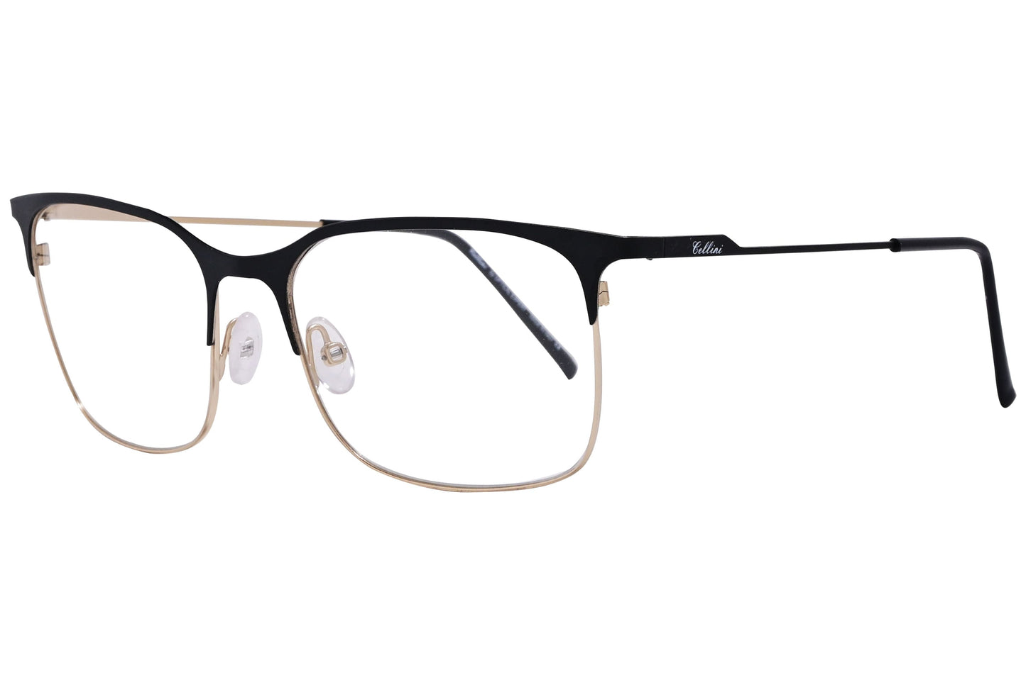 cellini browline black and gold eyeglasses frame viewed from a 45-degree angle.